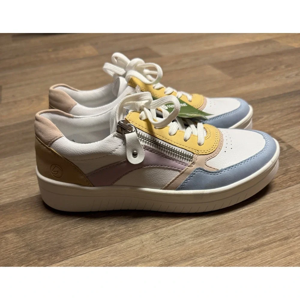Remonte Women Pastel Colorblock Leather Sneakers Side Zip Low Top White Yellow - Picture 3 of 9